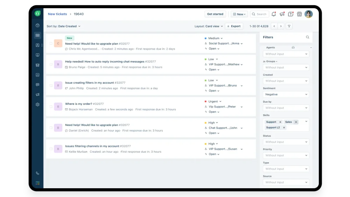 Freshdesk new tickets list showing support requests and detailed filters in a clean, light-themed interface.