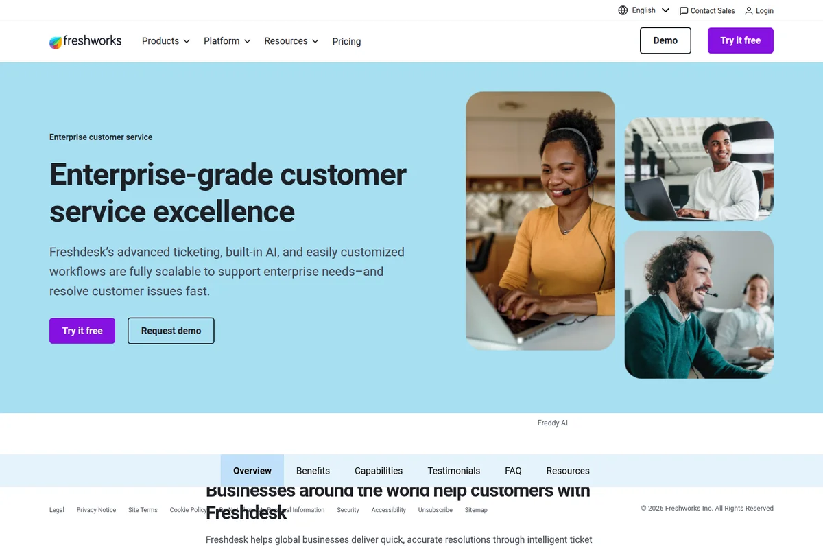 Freshdesk landing hero section showing diverse customer service agents with headsets and laptops, highlighting enterprise support.