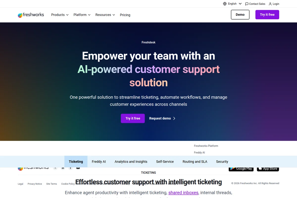 Freshdesk landing page hero section showcasing an AI-powered customer support solution with a vibrant gradient background and call-to-action buttons.