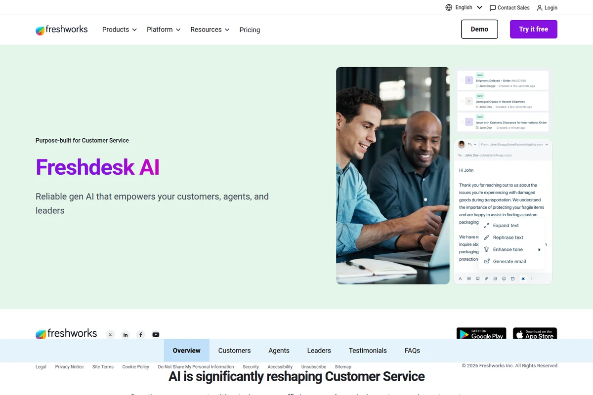 Freshdesk AI landing page showing agents using the customer service interface with AI-powered email suggestions in a clean, modern aesthetic.