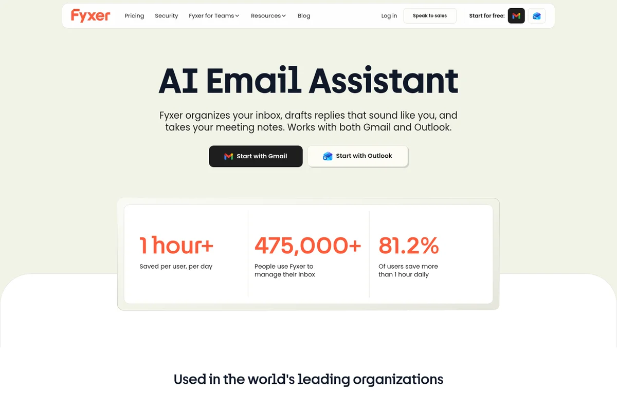 Fyxer AI landing page hero showing 'AI Email Assistant' headline, value propositions, and integration options for Gmail and Outlook.