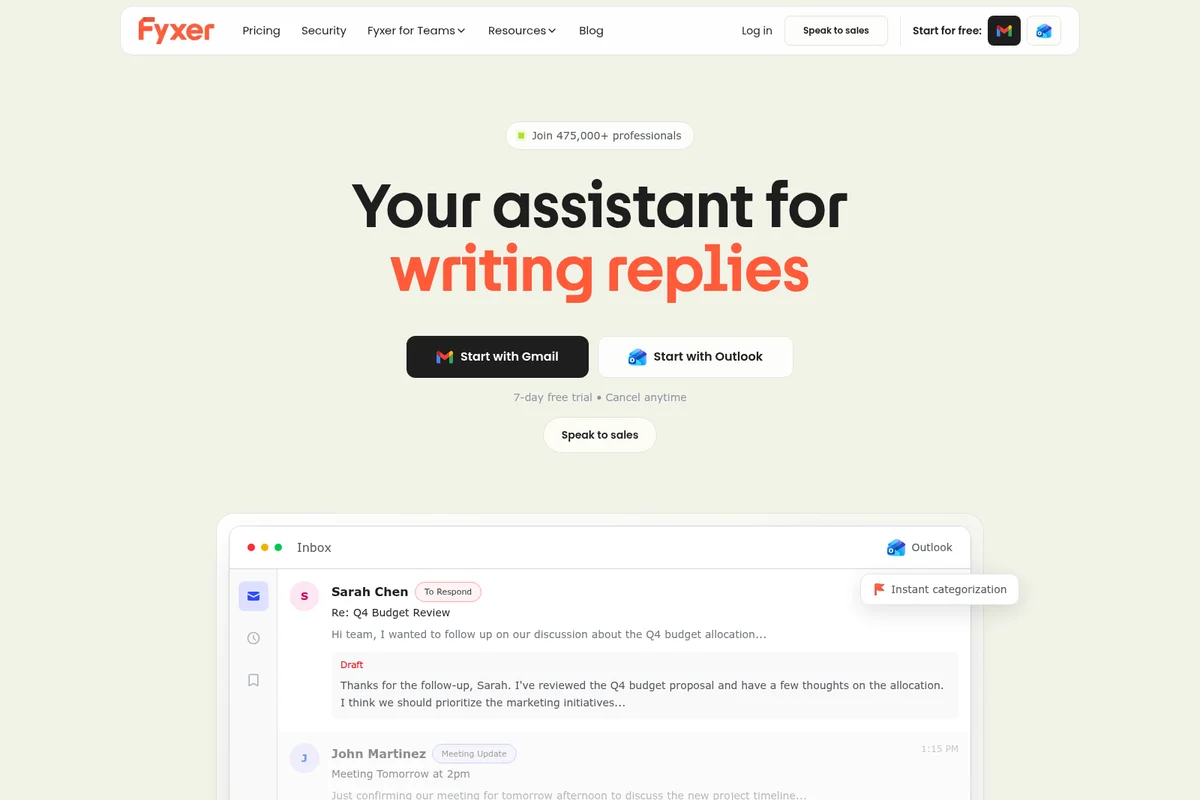 Fyxer AI homepage showing an email inbox UI with a reply draft and instant categorization feature, demonstrating AI assistance for email replies.