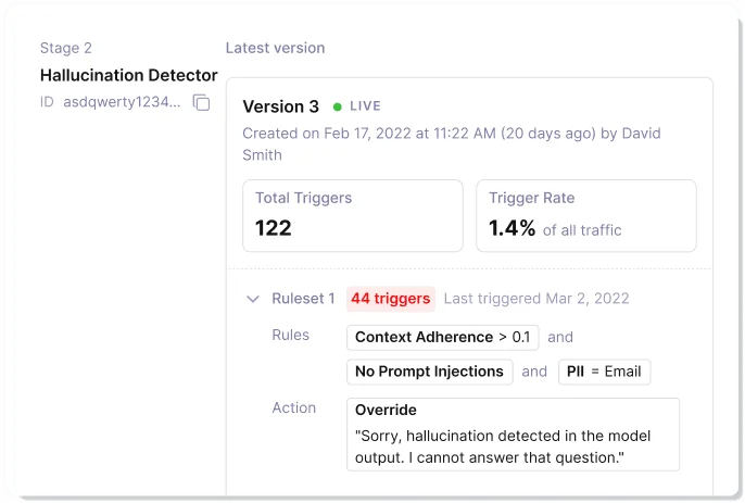 Galileo AI feature configuration showing a 'Hallucination Detector' with its rules, trigger statistics, and defined override action in a clean UI.