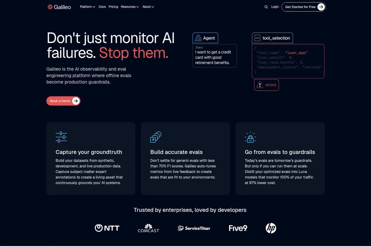Galileo AI homepage hero showcasing AI observability, with agent input, tool selection, and error detection concepts in a dark theme.