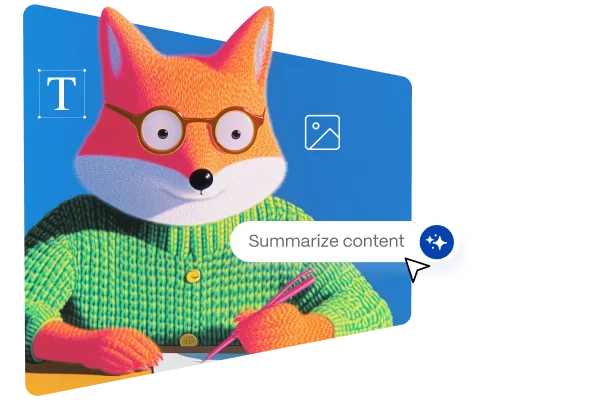 Gamma AI summarization feature showing an anthropomorphic fox interacting with a 'Summarize content' button in a colorful illustrated interface.