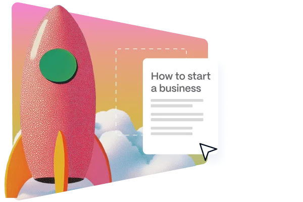 Gamma promotional graphic showing a vibrant illustration of a rocket launching next to a document card titled 'How to start a business', with a mouse cursor pointing at it.