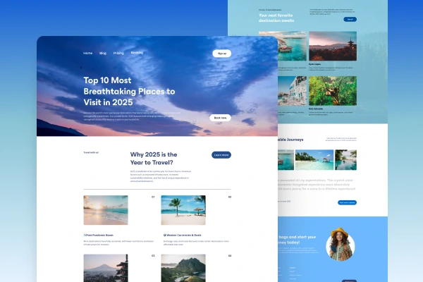 Travel website landing page showing 'Top 10 Most Breathtaking Places to Visit in 2025' with a vivid sunset hero image and clean, modern interface.