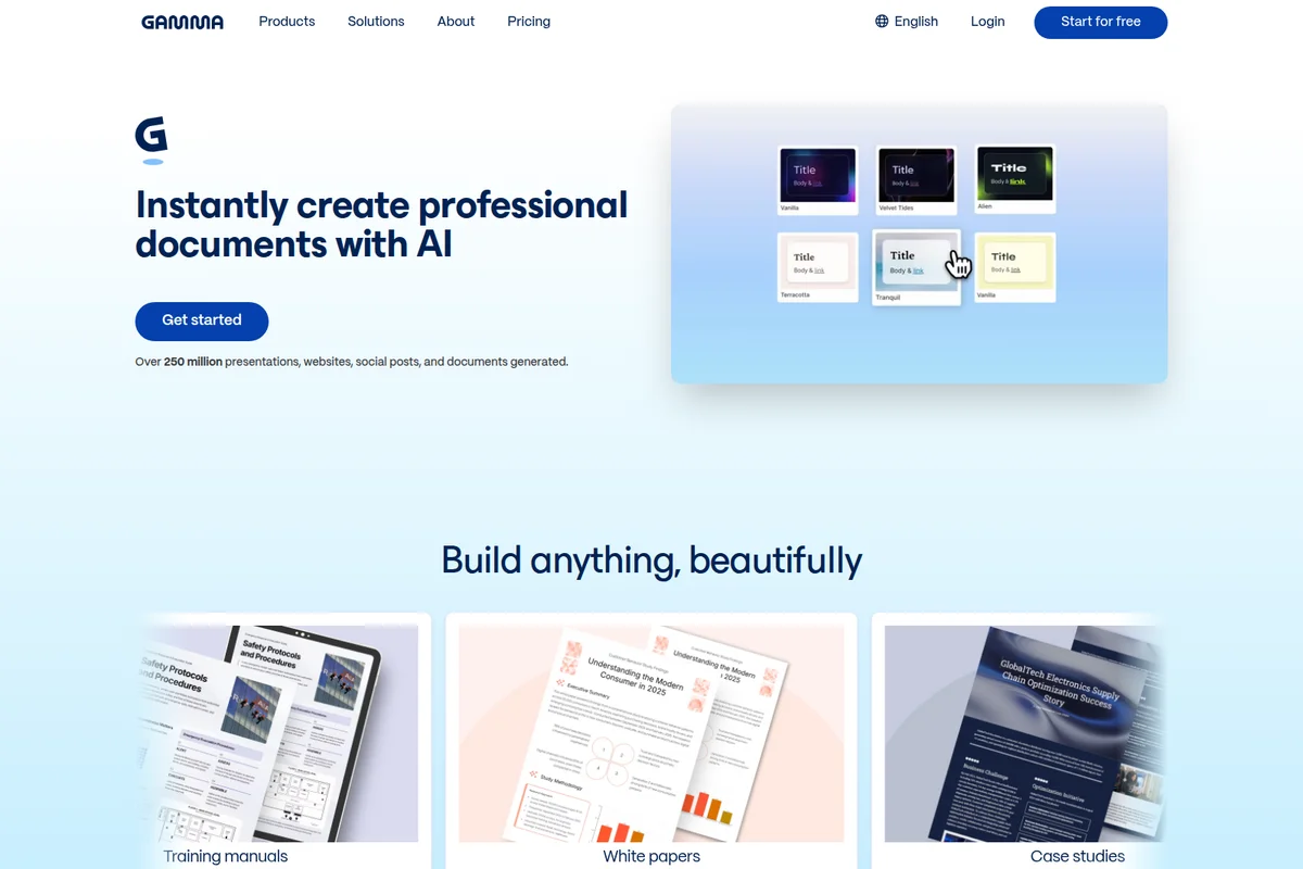 Gamma landing page demonstrating AI-powered document creation, showcasing a template selector and examples of professional documents.