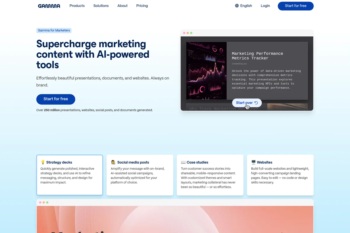 Gamma landing page showcasing AI-powered marketing content tools with a preview of a 'Marketing Performance Metrics Tracker' presentation.