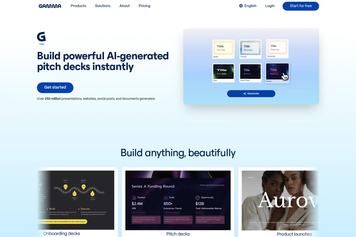 Gamma homepage showing 'Build powerful AI-generated pitch decks instantly' with interactive template selection and sample presentations.