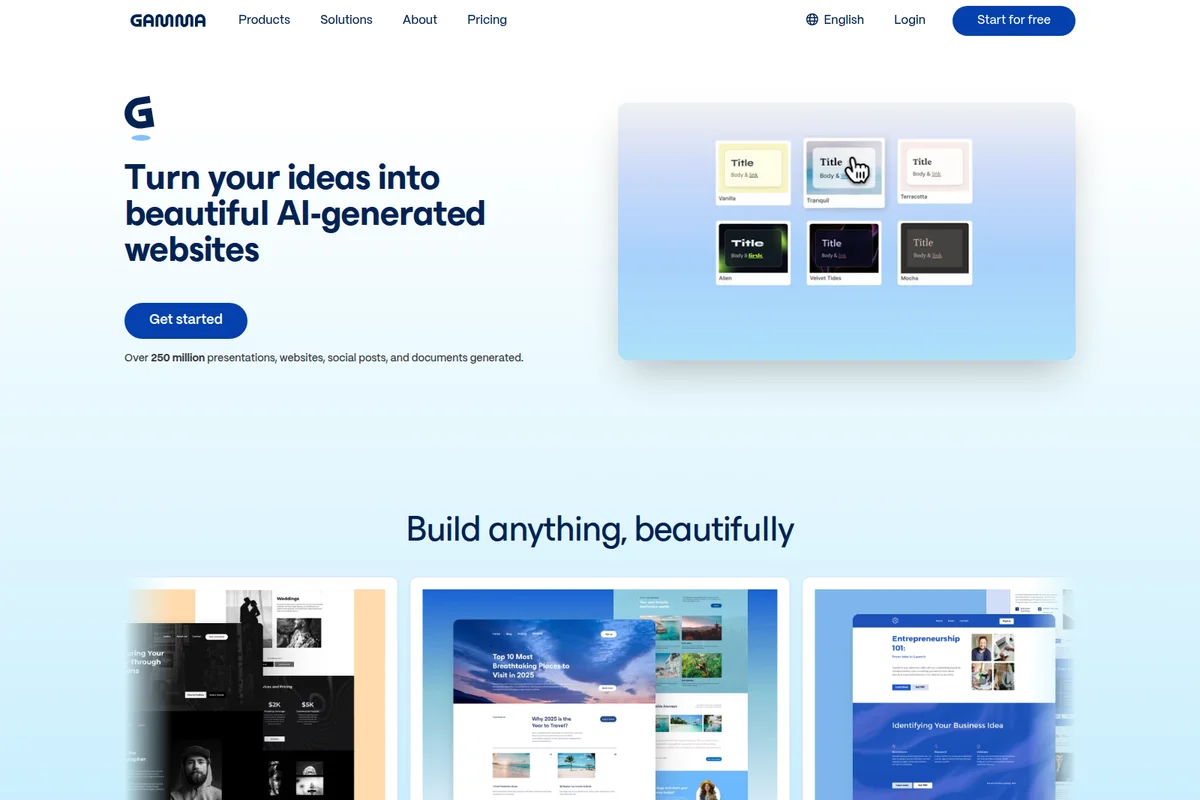 Gamma homepage showing AI-generated website creation with template selection and example websites in a clean, modern interface.