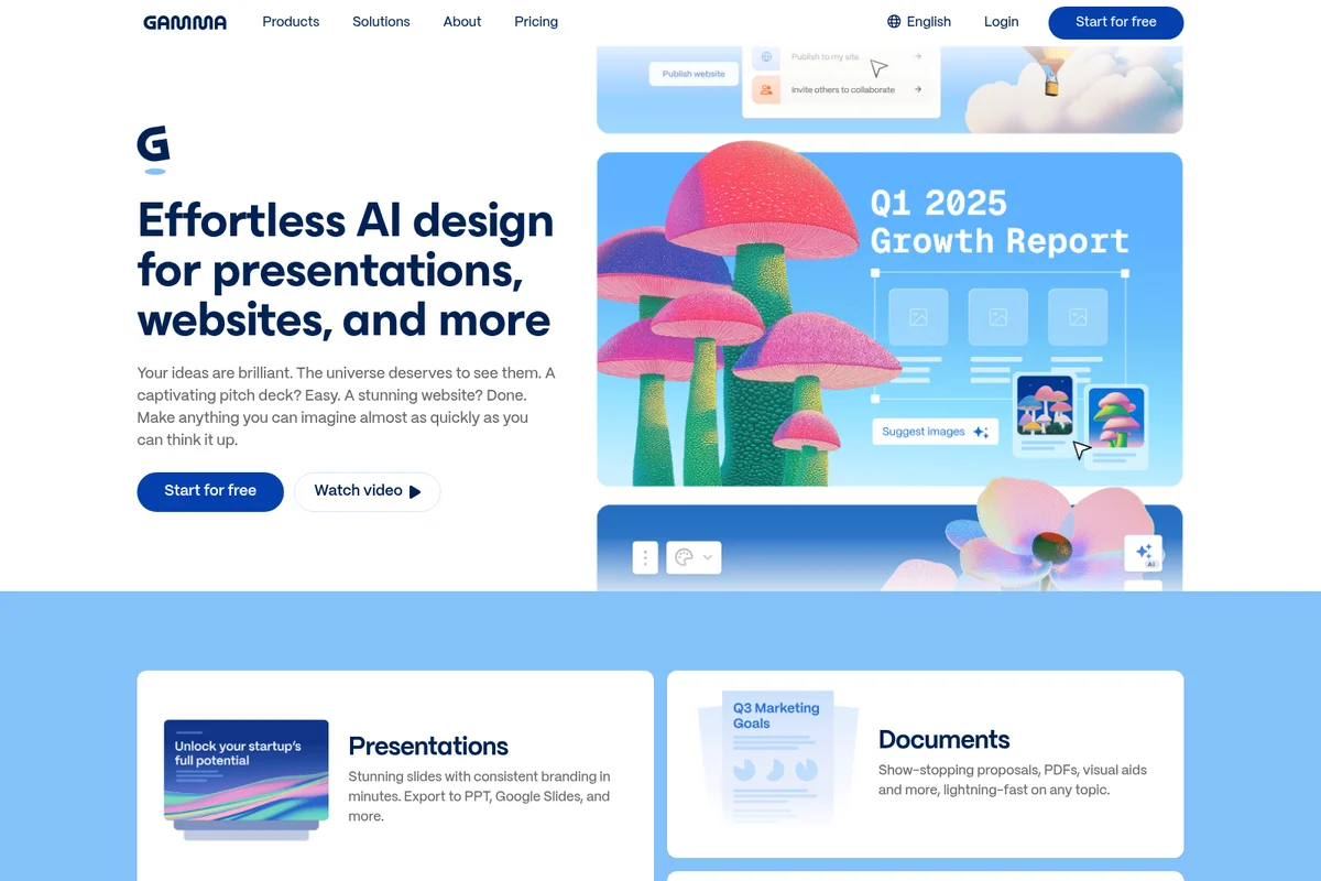 Gamma homepage hero showcasing AI design capabilities for presentations and websites, featuring a modern, clean interface with illustrative graphics and interactive image suggestions.