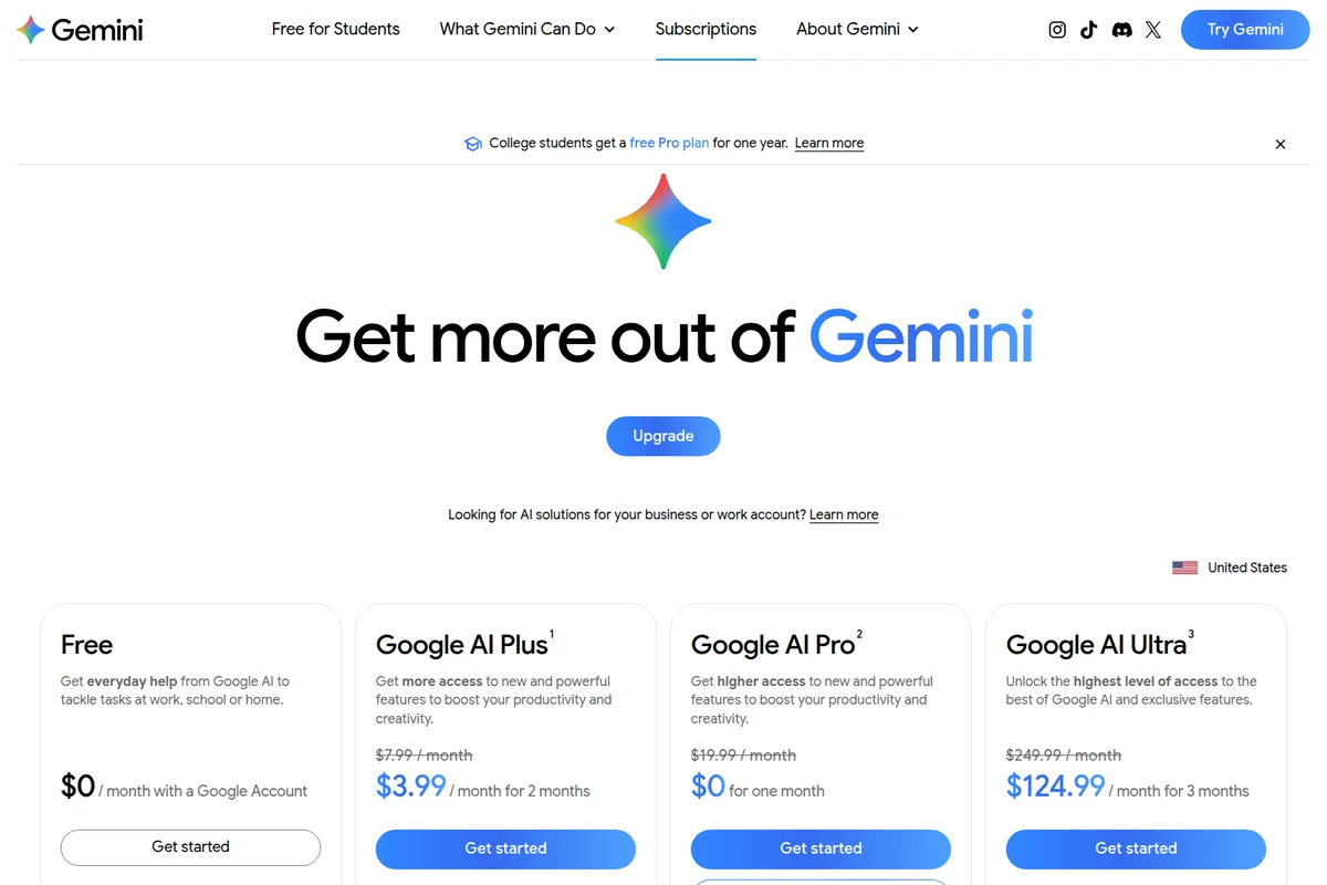 Gemini subscriptions page showing various AI plans and their discounted pricing in a clean, card-based interface.