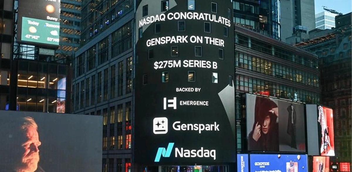 Genspark brand promotion celebrating their $275M Series B funding on a prominent Nasdaq billboard in a bustling city environment.