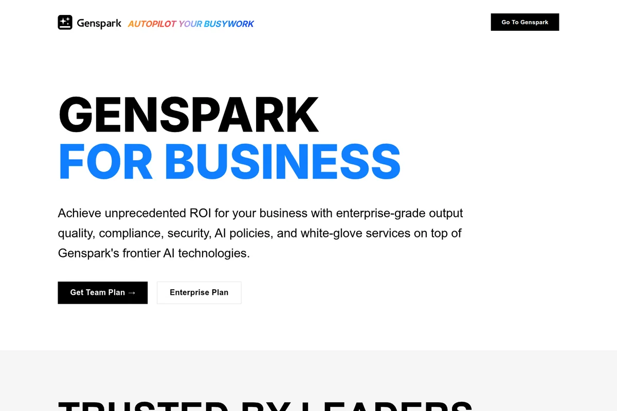Genspark landing page hero showcasing the 'Genspark for Business' offering with a clean, minimalist design and bold typography.
