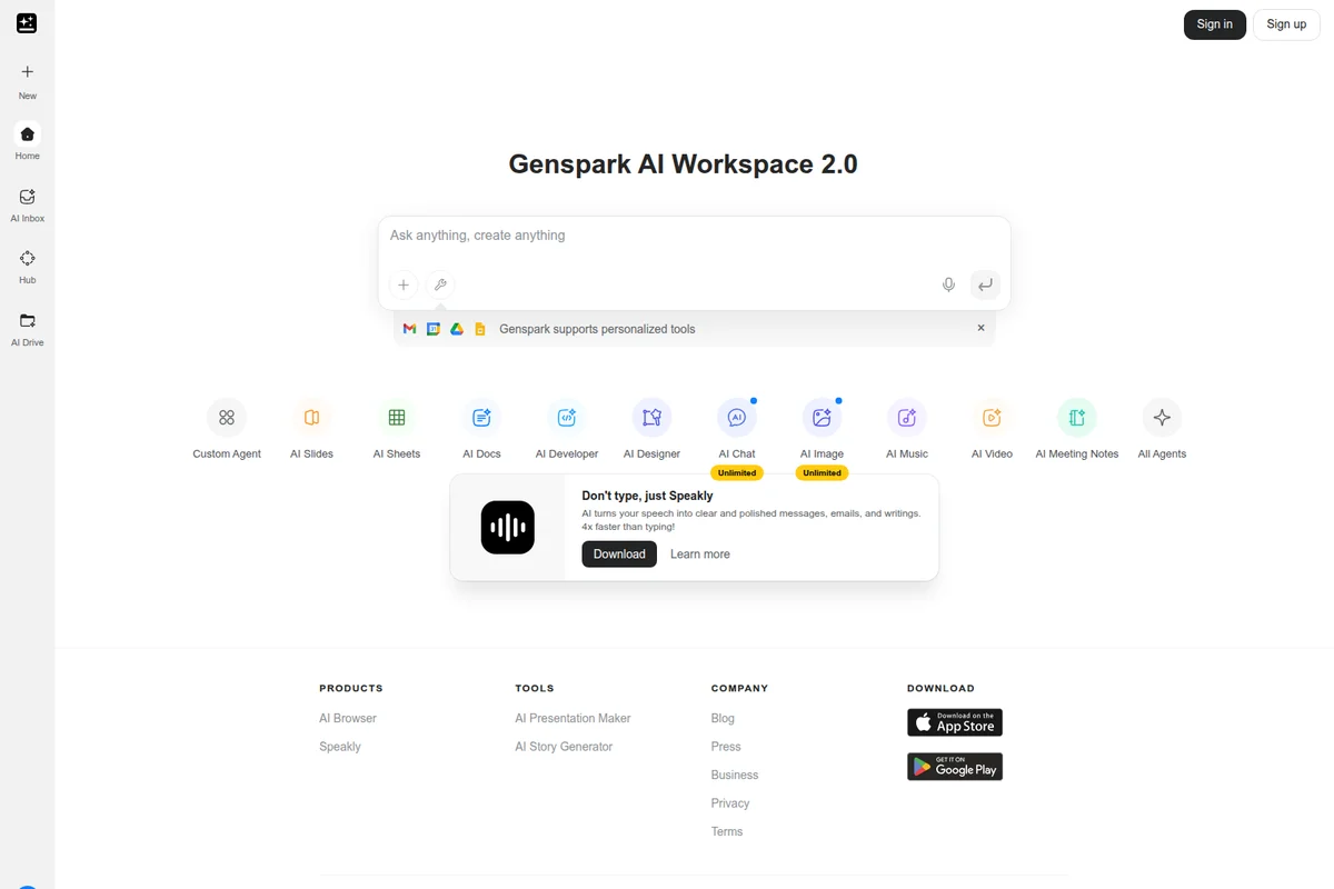 Genspark AI Workspace 2.0 homepage displaying the central 'Ask anything, create anything' prompt and an array of AI tools with a clean light-themed interface.