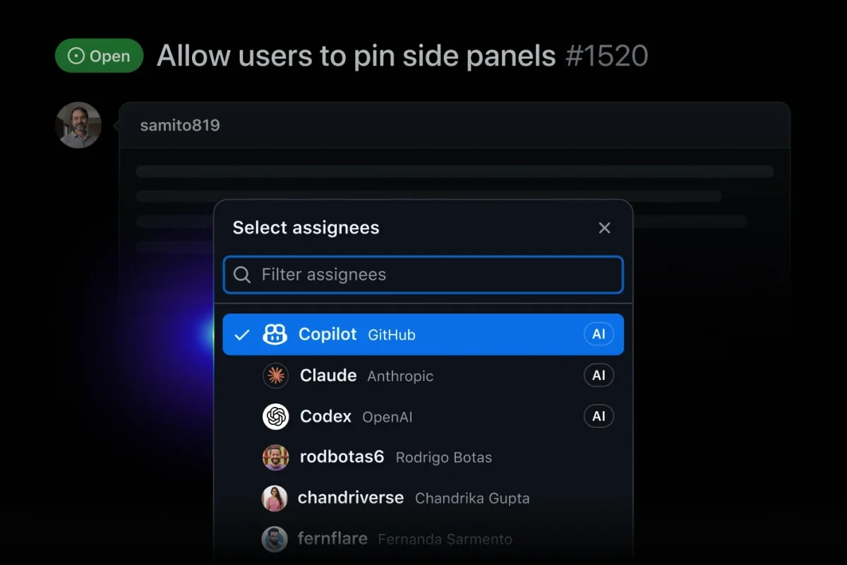 GitHub Copilot UI showing task assignment to AI agents like Copilot, Claude, and Codex in a dark-mode interface.