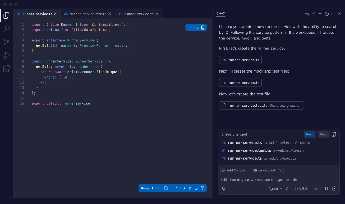 GitHub Copilot workspace showing an AI assistant generating a runner service with code, mock, and test files in a dark-mode IDE.