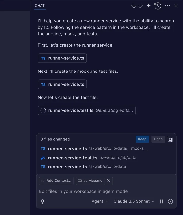 AI coding assistant workspace showing an agent generating Typescript service, mock, and test files, with a dark-mode UI displaying 3 changed files.