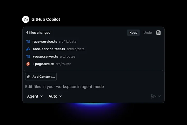 GitHub Copilot workspace UI showing proposed file changes in agent mode with a dark-mode interface.