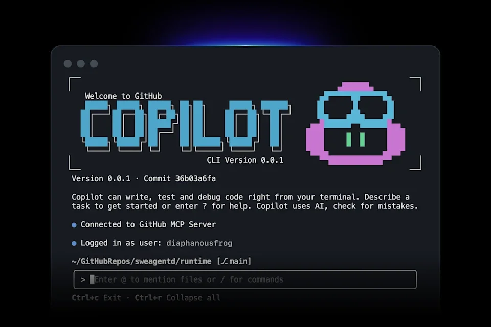 GitHub Copilot CLI terminal showing the welcome screen with a pixel art robot and an input prompt in dark mode.