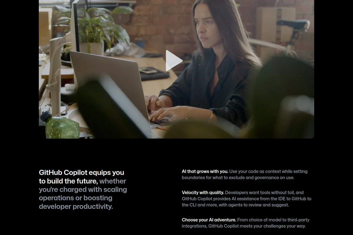 GitHub Copilot landing page with a video of a woman coding, highlighting AI assistance for developer productivity.