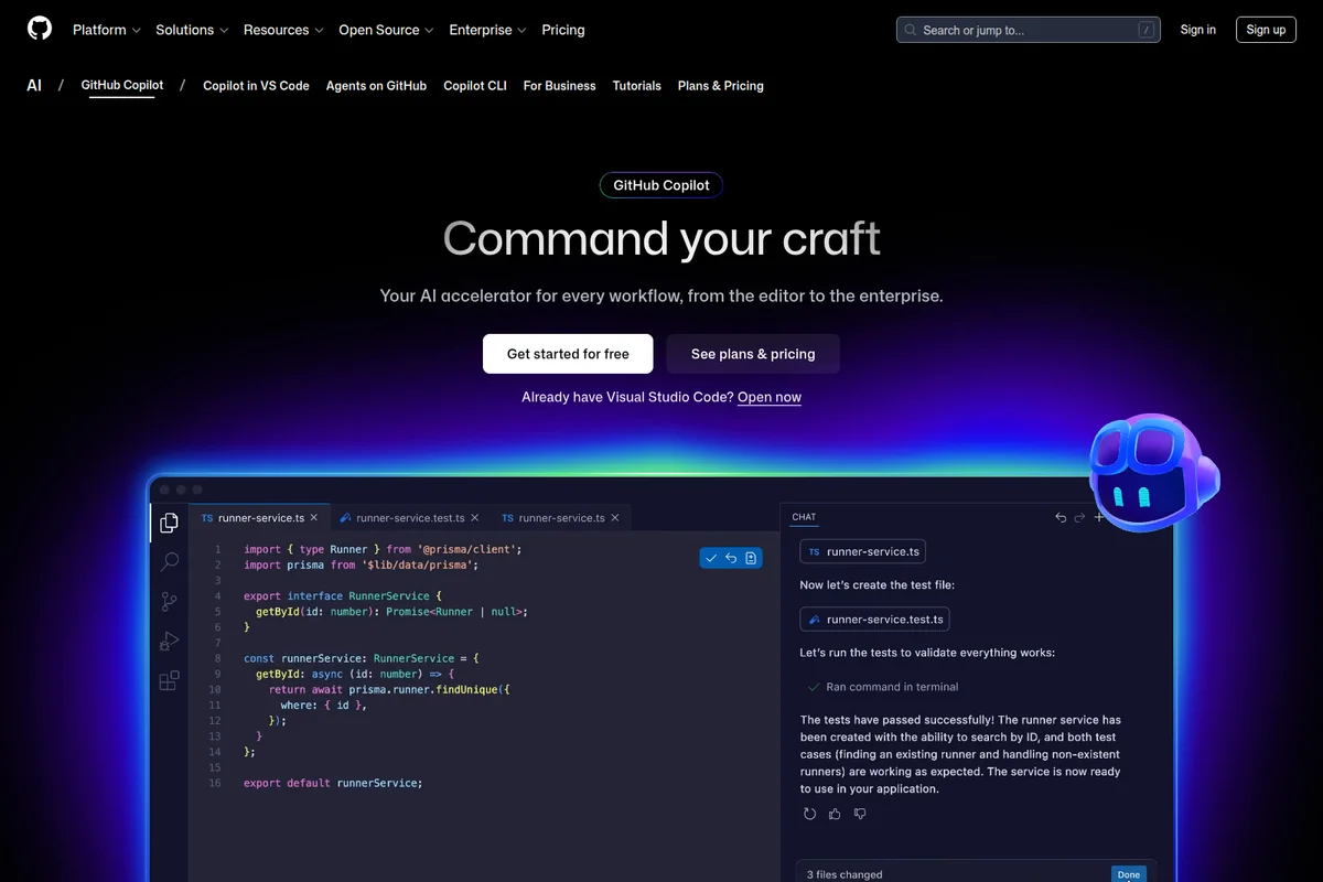 GitHub Copilot workspace UI showing AI-assisted code writing and test validation within a dark-mode code editor with glowing accents.