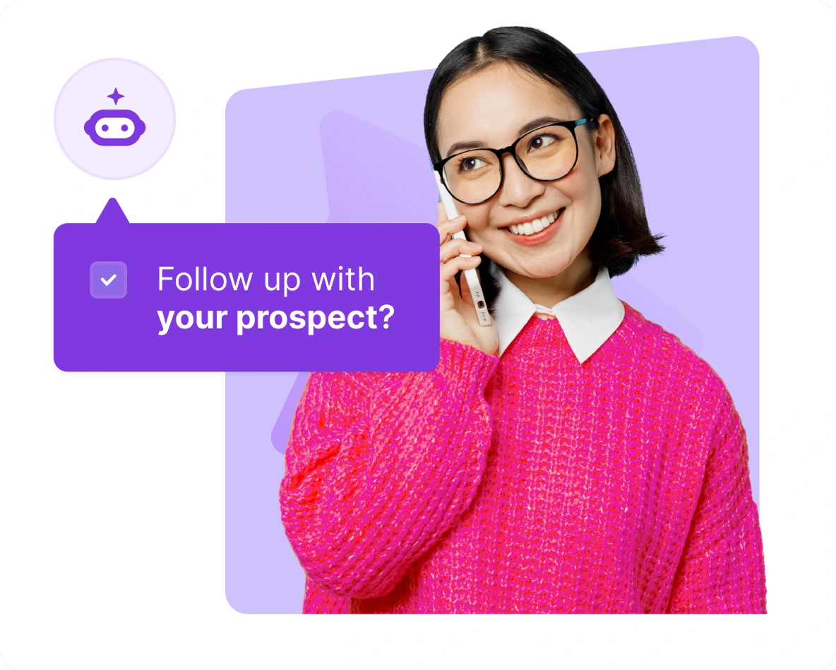 Gong AI sales assistant prompting a user to 'Follow up with your prospect?' with a smiling woman on the phone, in a modern interface.