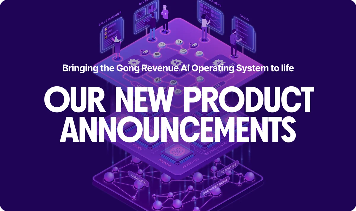 Gong product announcement graphic for the Revenue AI Operating System, illustrating data flow, team roles, and new features.