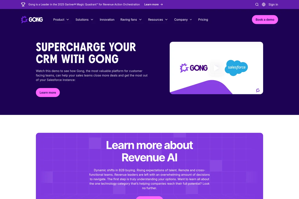 Gong landing page hero promoting CRM enhancement with a video demo thumbnail and dark-themed interface