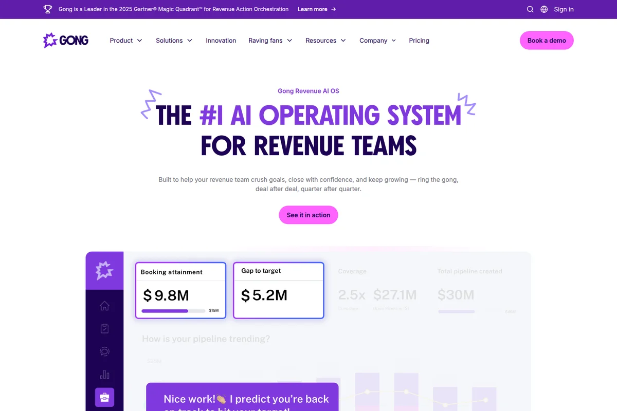 Gong homepage hero section showing the 'AI Operating System for Revenue Teams' headline and a preview of the product dashboard.