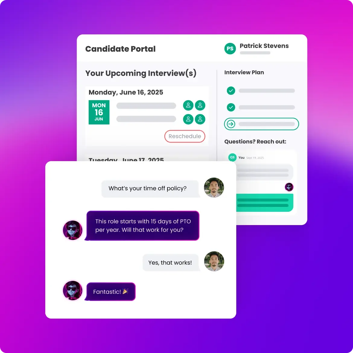Goodtime candidate portal showing upcoming interviews with a reschedule option and a chat conversation about PTO policy in a clean interface.