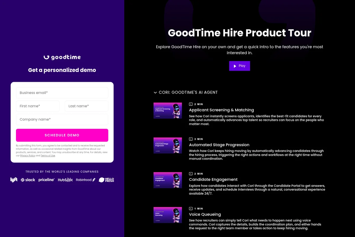 GoodTime Hire product tour page showing a demo request form and a video playlist for Cori AI agent with a dark-mode interface.