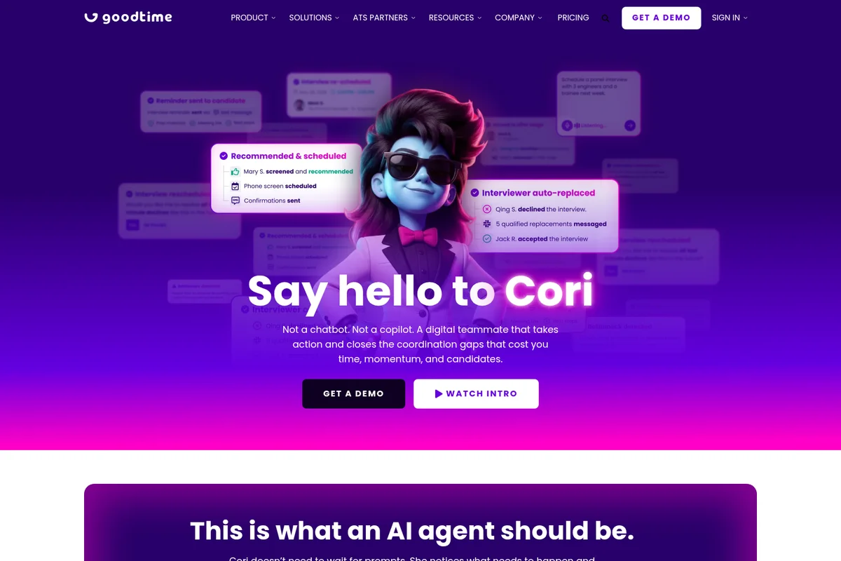Goodtime AI agent 'Cori' landing hero showing automated interview scheduling and interviewer replacement with glowing UI cards.