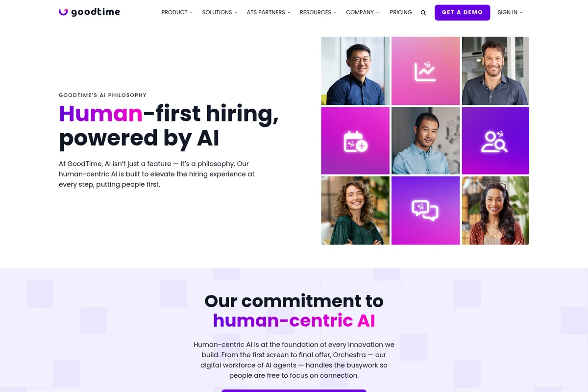 GoodTime landing page highlighting 'Human-first hiring' with diverse team photos and AI feature icons.