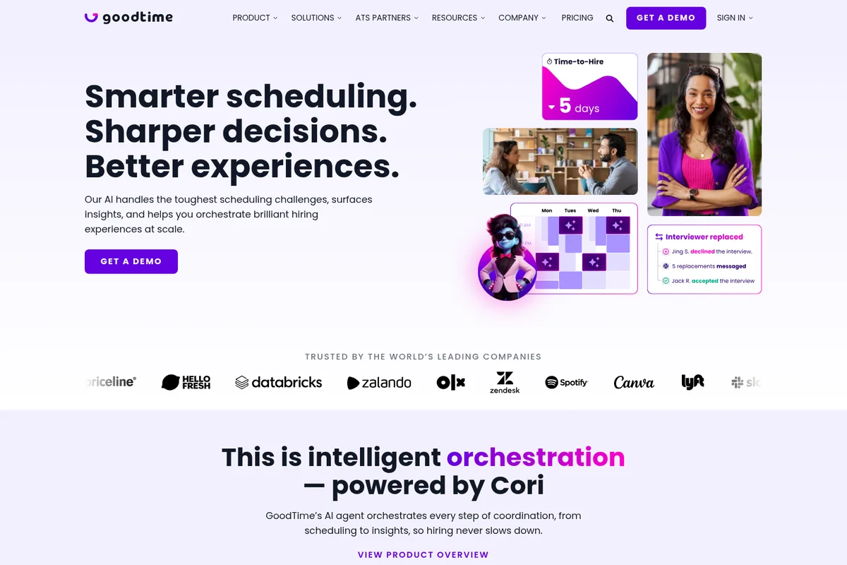Goodtime homepage hero showcasing AI-powered hiring scheduling and orchestration with a modern, clean interface and vibrant accents.