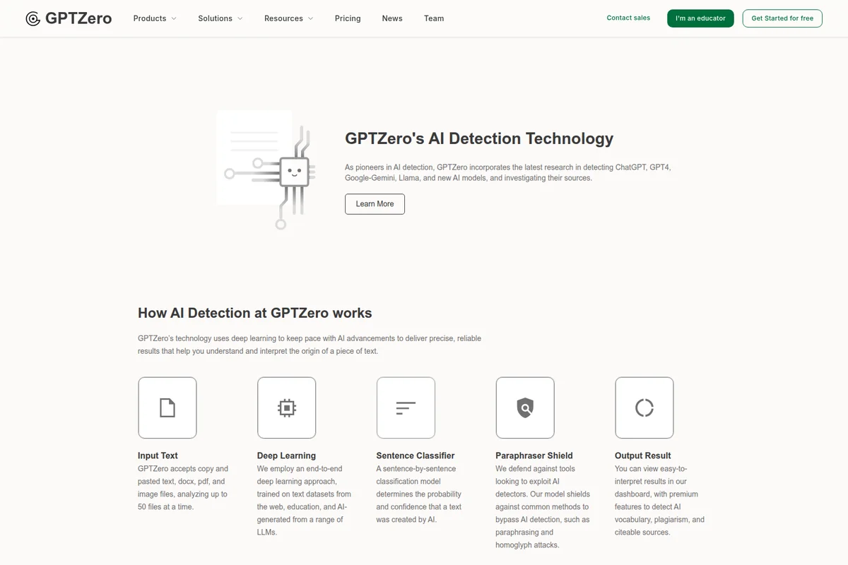 GPTZero technology page showcasing AI detection capabilities with a friendly chip graphic and detailed feature explanations.