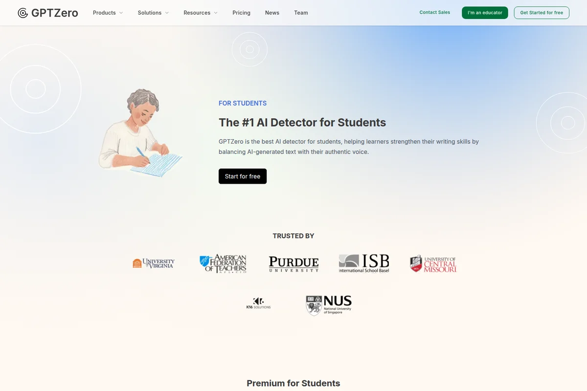 GPTZero landing page hero: student illustration, 'The #1 AI Detector for Students' tagline, clean, modern web interface.