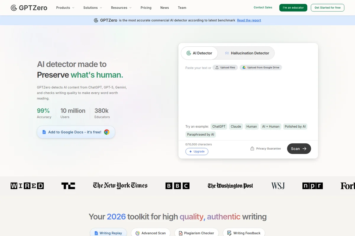 GPTZero homepage displaying the AI detector tool's input field and example content types like ChatGPT and Human, presented with a clean, modern light theme.