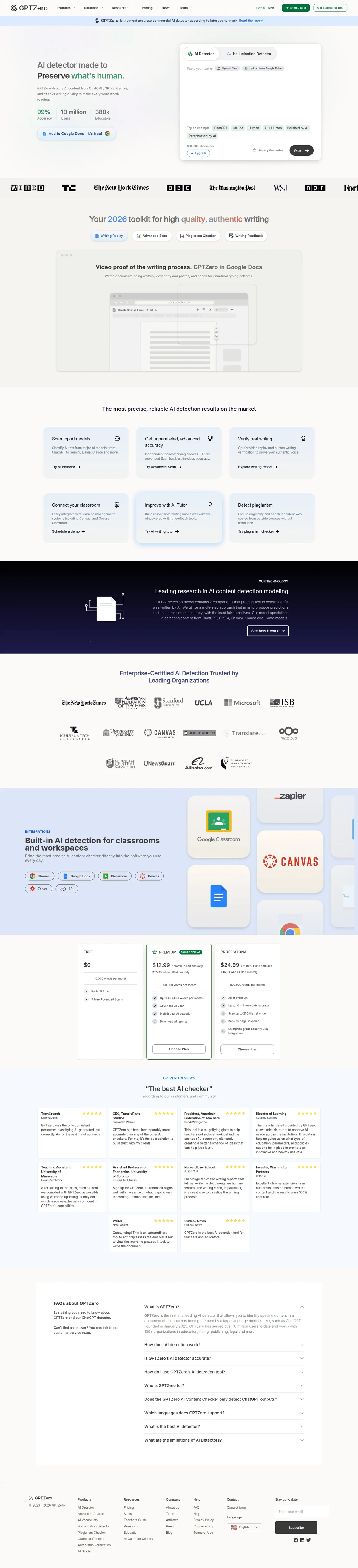 GPTZero homepage showing the AI text detection input field, integrations, and core product features with a clean, modern interface.