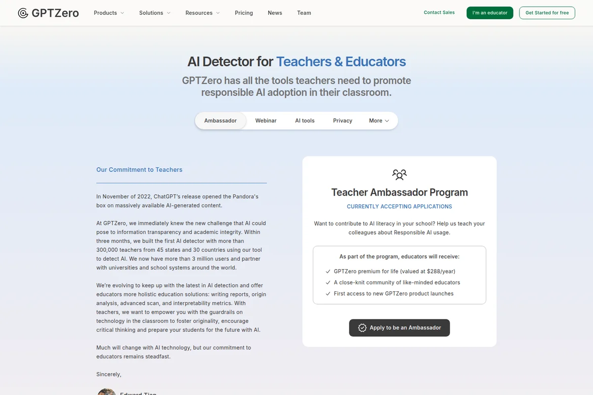 GPTZero educators page showing commitment to teachers and ambassador program in a clean informational layout.