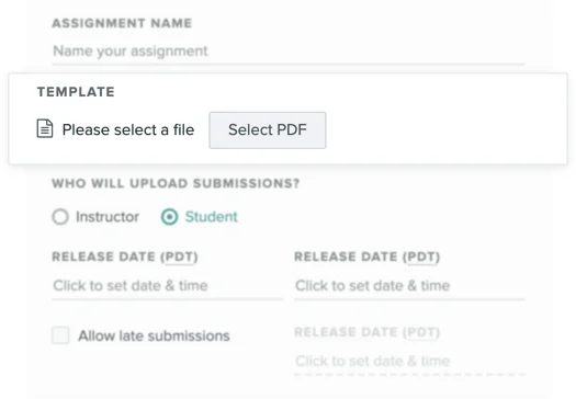 Gradescope assignment creation form showing template upload and submission settings in a clean light-themed UI.