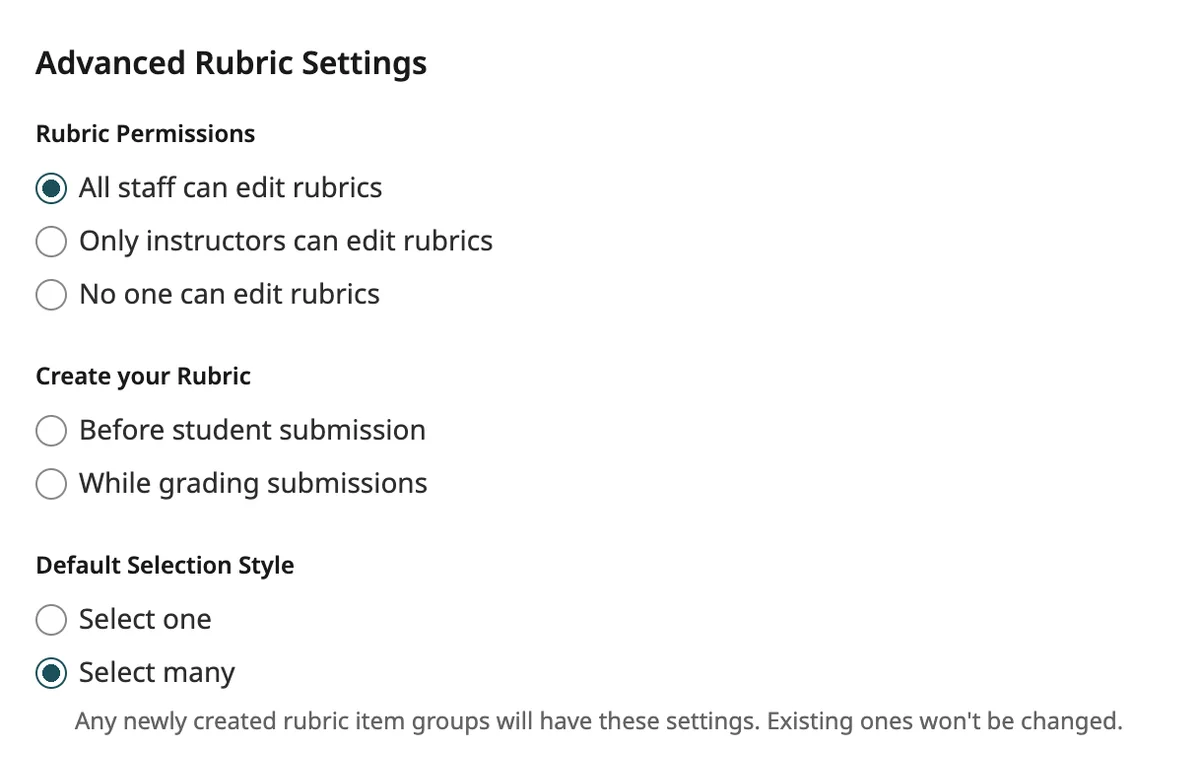 Gradescope Advanced Rubric Settings page showing permissions, creation options, and default selection style in a clean UI.