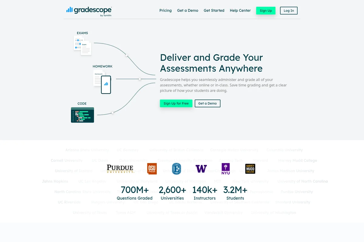 Gradescope landing page hero showcasing assessment types like exams, homework, and code, being funneled for grading with a clean, illustrative interface.