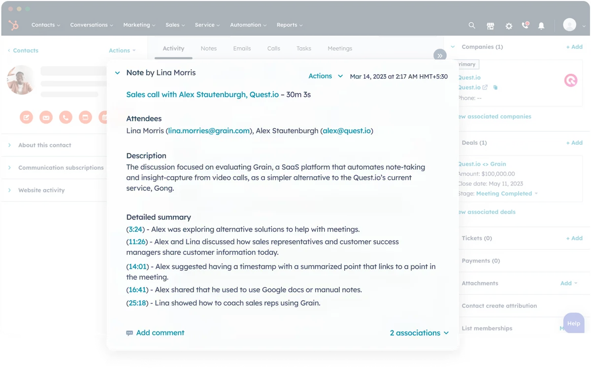 Grain's detailed call summary feature showing a sales call note with timestamped insights in a clean, modern interface.