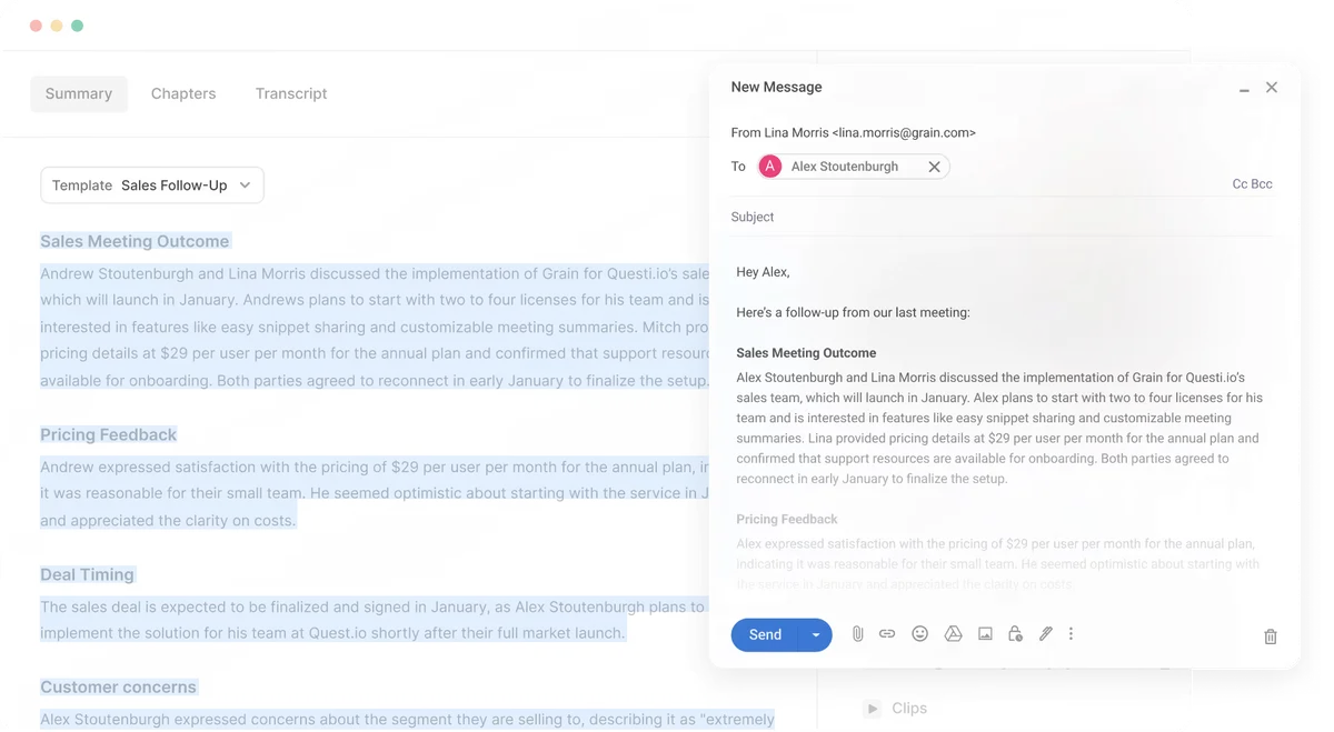 Grain workspace showing a meeting summary being drafted into an email follow-up with a clean, light-themed interface.