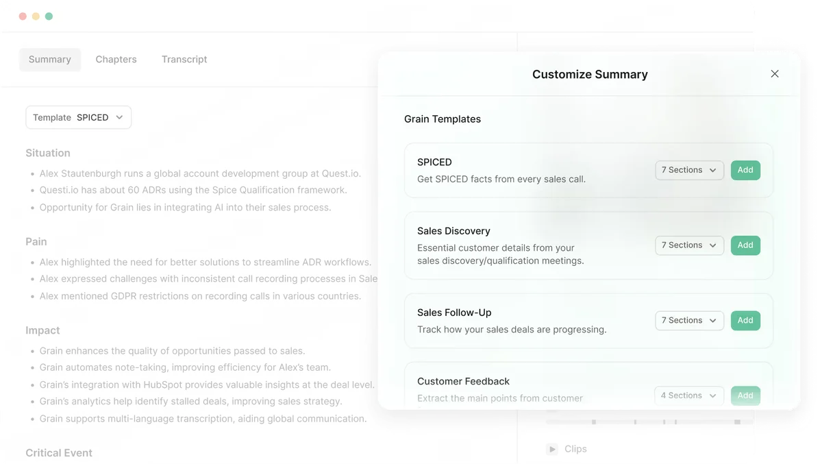 Grain workspace UI showing customization options for AI-generated call summaries in a clean, light theme interface.
