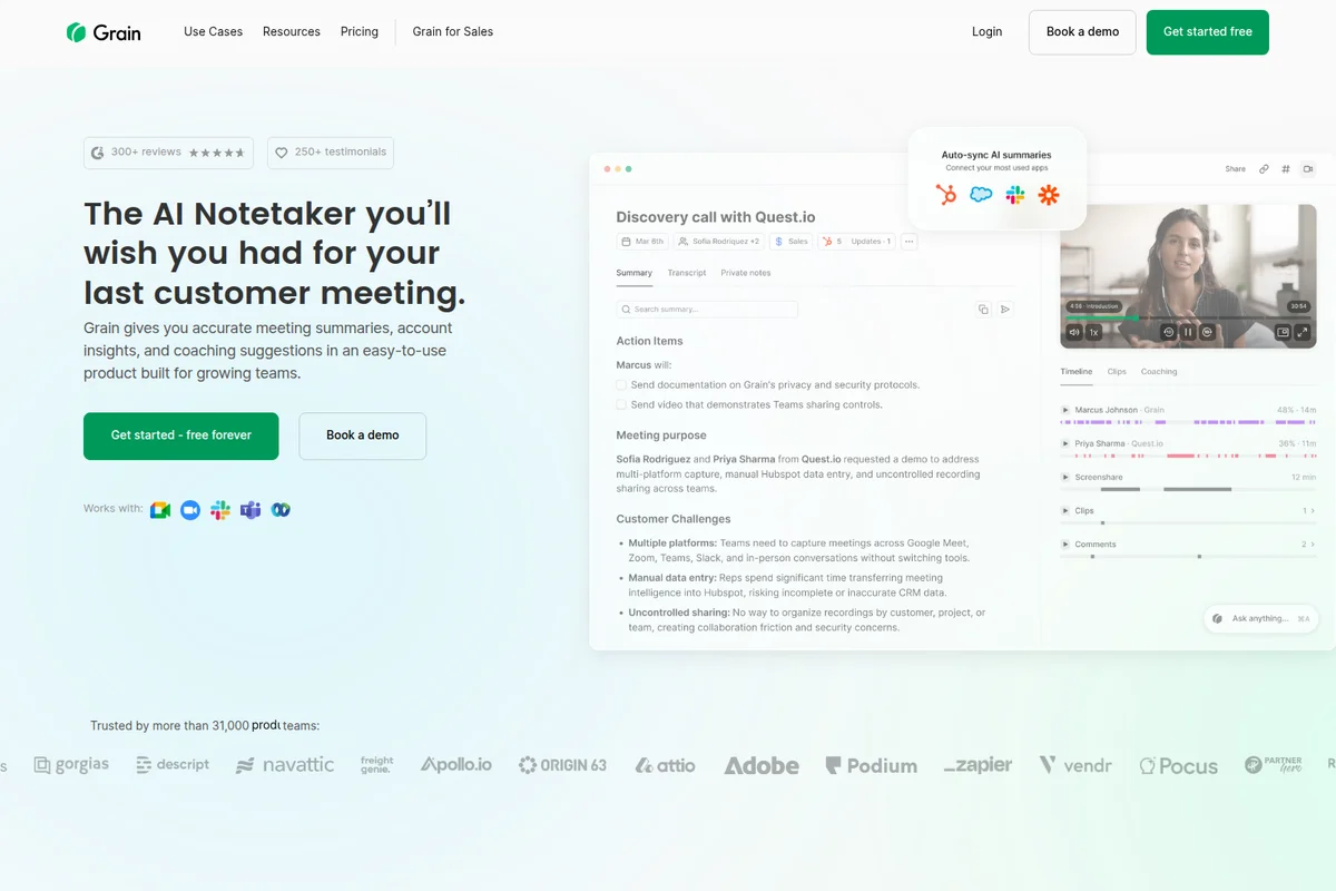 Grain AI Notetaker homepage displaying a meeting summary workspace with action items, customer challenges, and video playback in a clean, modern interface.