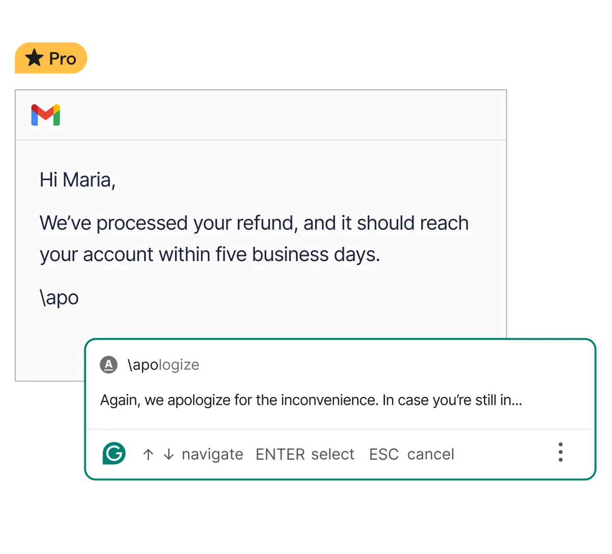 Grammarly feature showing AI-powered sentence completion from shorthand input in a Gmail email draft with a clean light interface.
