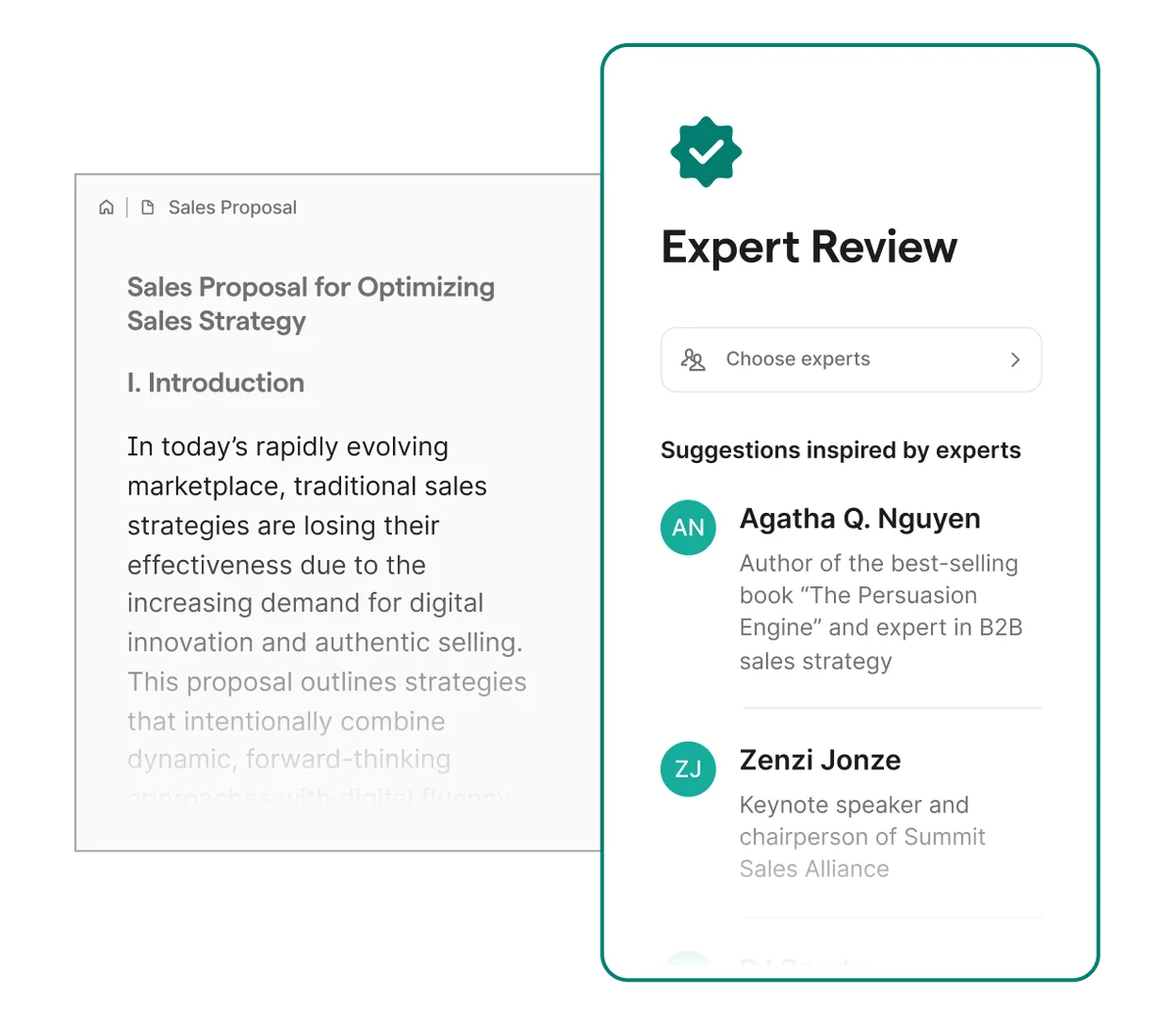 Grammarly workspace showing an expert review panel alongside a sales proposal document with a clean light theme.
